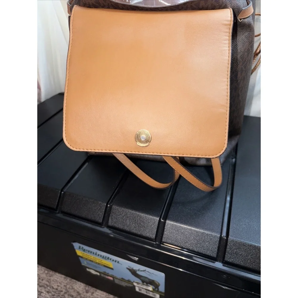 Preloved Michael Kors Junie Leather Medium Backpack Tan Brown Monogram SEE PICS‎